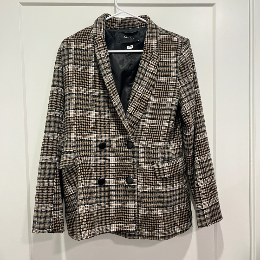 DELUC Womens Plaid Double Breasted Blazer Tan Black White Jacket Size L 6406D